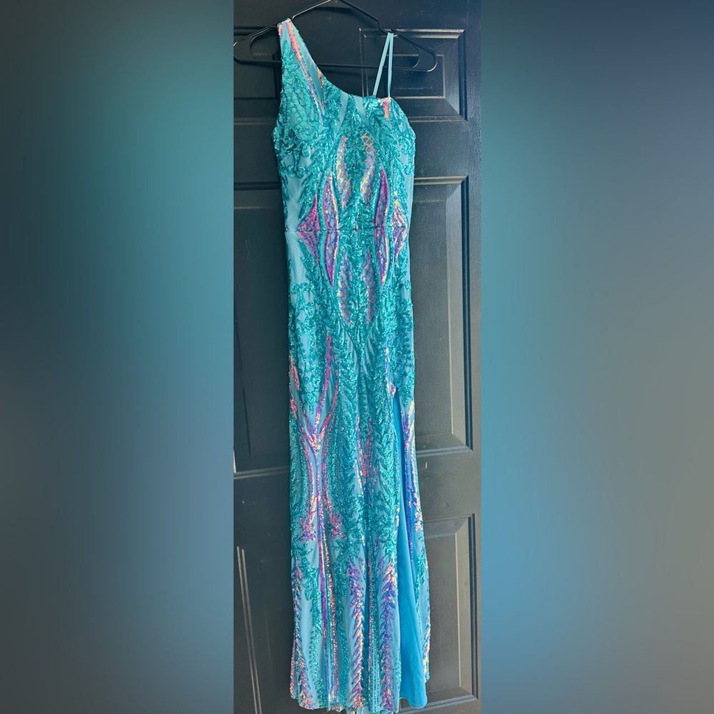 Blondie Nites Turquoise and Pink One-Shoulder Dress